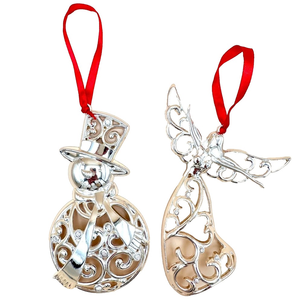 Lenox Sparkle Scroll Snowman & Angel Ornament ~ Silver-Plated Crystals ~ 5"